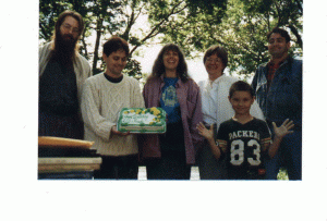 The Sept. 1997 Rivendell Group birthday party, Mark Heiman, David Lenander, Cathy Parlin, Mary Himmelsbach, Travis Lenander, Ben Gribbon, photo by Margaret Gates, used by permission